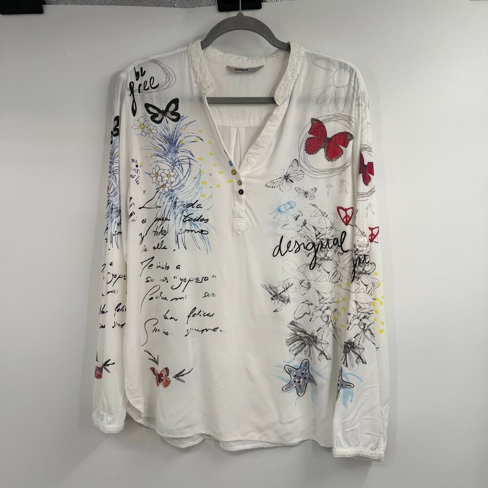 Desigual Graphic Print Blouse Womens XL White Long Sleeve Artsy Boho Sheer Tunic - Picture 2 of 10
